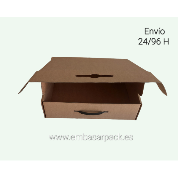 Caja maletín cartón con asa 360x300x100 marrón